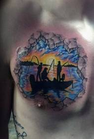 Chest Stunning Colorful Fishing Boat Landscape Tattoo Pattern