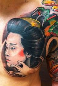 кеудеге арналған жапон стиліндегі түсті гейша портреті тату-сурет