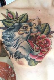 tradisionele wolfkop en rooi roos tatoeëringpatroon