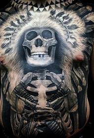 padrão de tatuagem de esqueleto de guerreiro indiano de peito e abdômen