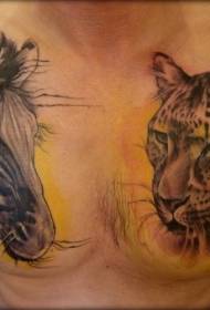 torace realistico color zebra e modello tatuaggio testa di leopardo