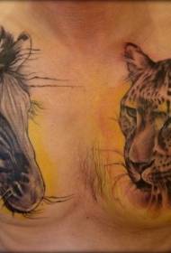 cor de peito realista con cebra e patrón de tatuaxe de cabeza de leopardo