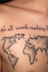 dibdib ng mapa ng mundo na may pattern ng tattoo ng Ingles na alpabeto