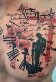 peito de estilo militar de peito grave e patrón de tatuaxe con letra de flores