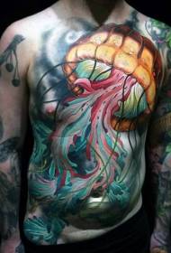 krūtīs un vēderā jaunā skola krāsoja lielu medūzu tetovējuma modeli