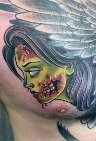 old school färg bröst zombie kvinna porträtt tatuering mönster