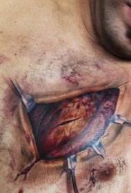 Brust blutige Farbe zerrissene Haut mit Herz Tattoo-Muster