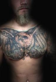 胸部巨型貓頭鷹現實傳統色彩紋身圖案