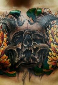 nieuwe school kleur borst demonskullChrysanthemum tattoo patroon