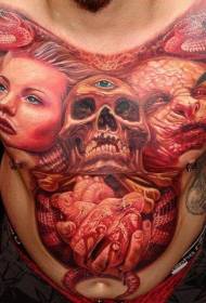 cráneo de peito e diaño con retrato de muller patrón de tatuaxe de corazón