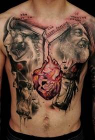 petto nero grigio personaggio ritratto e motivo tatuaggio realistico cuore rosso