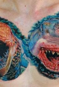 Chest realistic color snake and shark tattoo pattern