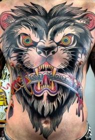 addome vecchia scuola colorato cane raccapricciante e sanguinosa spada tatuaggio modello