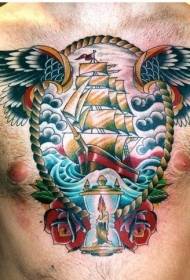 barca a vela vecchia scuola sul petto con corda e ali modello tatuaggio 52517 - cenere nera sul petto con modello di tatuaggio mostro fumante