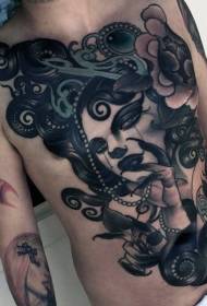 portrait de femme old school abdomen couleur avec motif de tatouage de fleurs