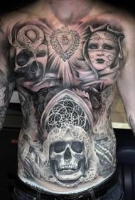 chest and abdomen various demon skull portrait heart-shaped tattoo pattern