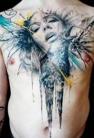 груди женско лице груди с узорком тетоваже врана