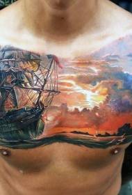 Torace modello di tatuaggio a vela di mare molto realistico di colore