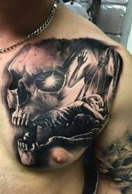 Chest horror style tattoo with sleeping child tattoo pattern