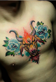 men's chest cool painted sheep head rose tattoo pattern