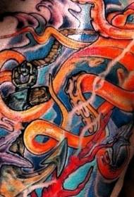 grande disegno del tatuaggio polpo rosso e petto di stelle marine