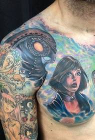 modello divertente del tatuaggio del ritratto della donna di fantasia variopinta del petto