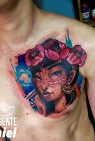 borst nieuwe school kleur meisje portret en bloem tattoo patroon
