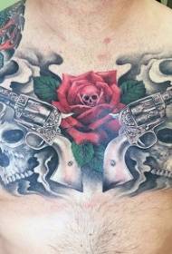 груди особи пістолет та череп троянди візерунок татуювання