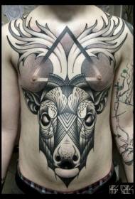 삼각형 패턴 가슴과 배 색 사슴 문신