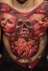 crânio de estilo horror com vários retratos e padrões de tatuagem de coração