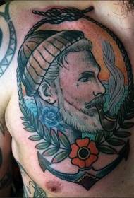 гърдите стар училище цвят пушене моряк портрет татуировка модел
