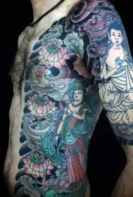 Жапон стиліндегі Будда мүсіні және лотос түсті татуировкасы