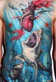 mellkas és has színes víz alatti város cápa és szív tetoválás mintával