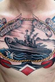 pettu nauticu di tematiche di culore di nave di bandiera di tatuaggi di mudellu
