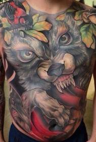 гърдите и корема рисувани вълк аватар и птица татуировка модел