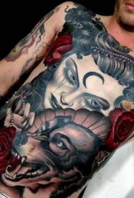 bryst og mave ny skole mystisk kvinde med ulvehoved rød rose tatoveringsmønster
