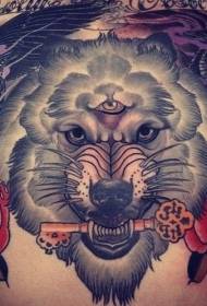 Torace nero corvo nero e diavolo testa di lupo modello di tatuaggio chiave d'oro