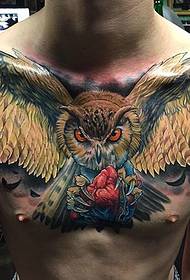 ຫນ້າເອິກສີ 3d owl tattoo ຮູບພາບແມ່ນຈິງຫຼາຍ
