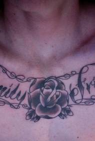 Rose in angleške črke prsi tatoo vzorec