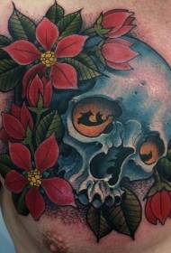cráneo da nova cor peito do peito e tatuaxe de flores