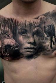 bularreko errealismoaren estiloko emakumezkoen erretratua eta basoko otsoaren tatuaje eredua