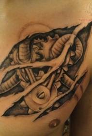 Machozi ya ngozi ya kifua chini ya muundo wa tattoo ya mitambo