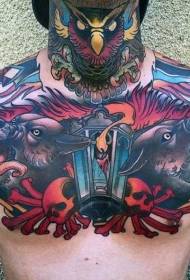 torace e collo old school color inferno cane modello di tatuaggio teschio gufo