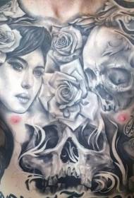 prsni lobanji ženske portret in vzorec tatoo rose