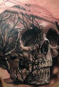 cráneo de peito con ramas e patrón de tatuaxe de dispositivo médico
