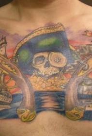 craniu pirata cù mudellu di tatuaggi di pettu à vela pistola
