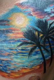 Rindkere stiilne värviline ookeani päikeseloojang palmipuude tätoveeringumustriga