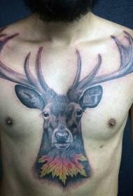 Глава на елени во боја на градите со шема на тетоважа на лист од јавор