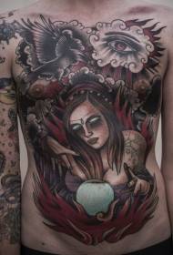 bruixa antiga misteriosa escola de diables amb patró de tatuatge de corb