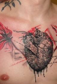 delicate hart met rode bloemen borst tattoo patroon